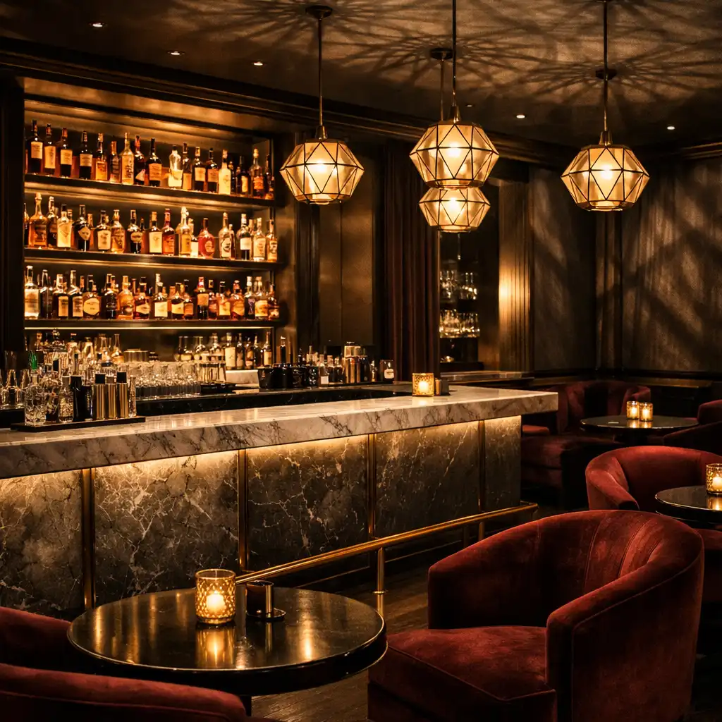 Sophisticated bar and lounge with honed marble counter, brass foot rail, burgundy velvet seating, and geometric pendant lights