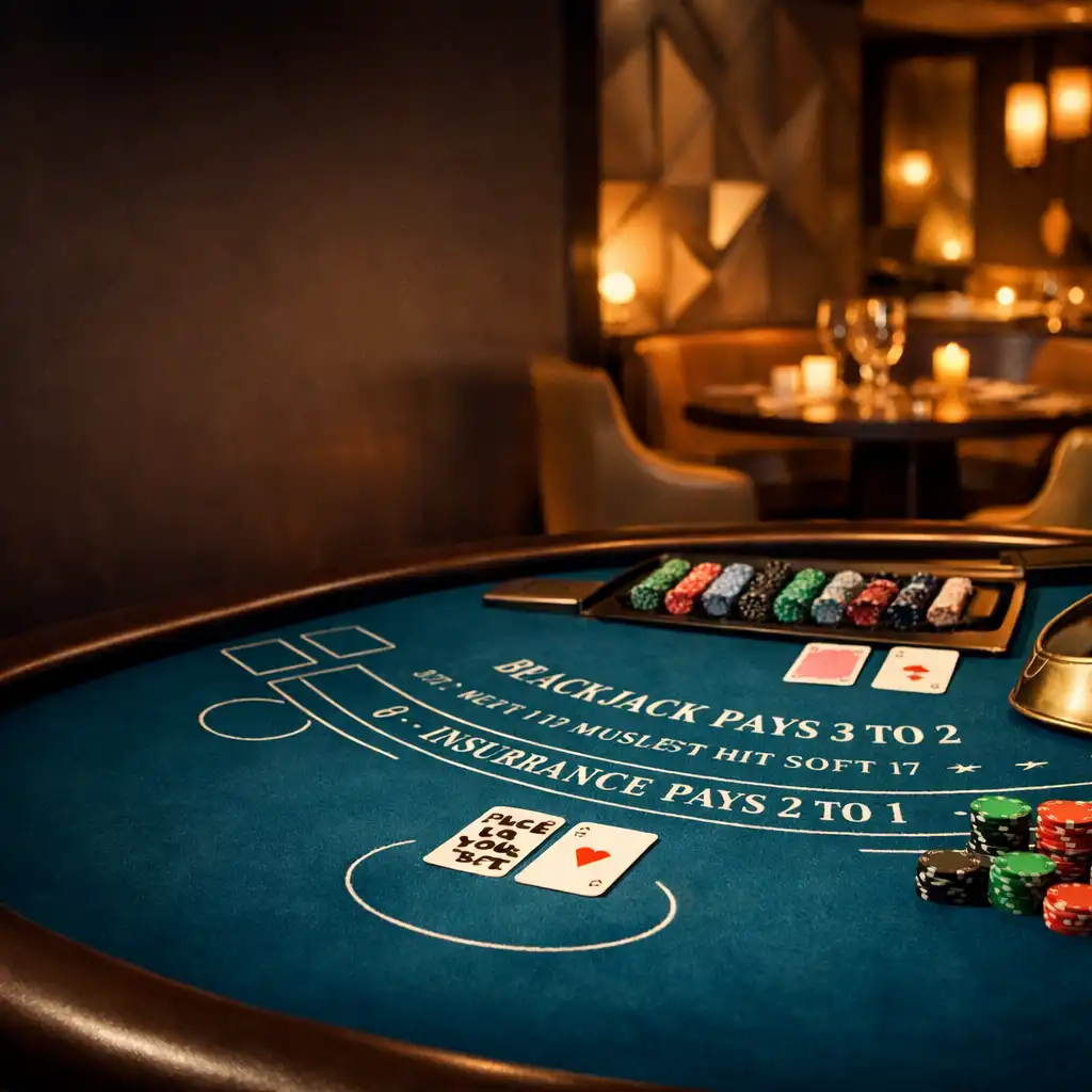 Sophisticated blackjack table set within an elegant restaurant interior