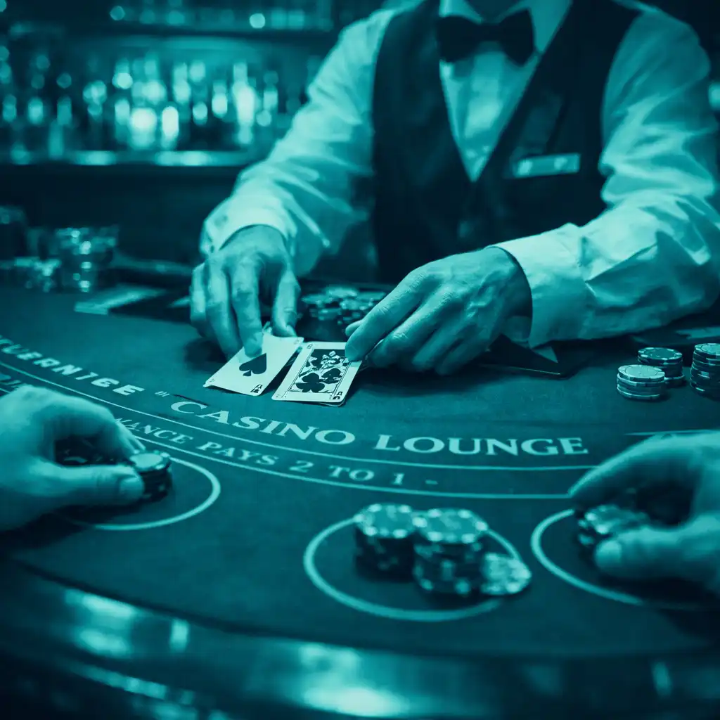 A blackjack table in the Casino Lounge with the dealer's hands dealing cards, bar area softly lit in the background.