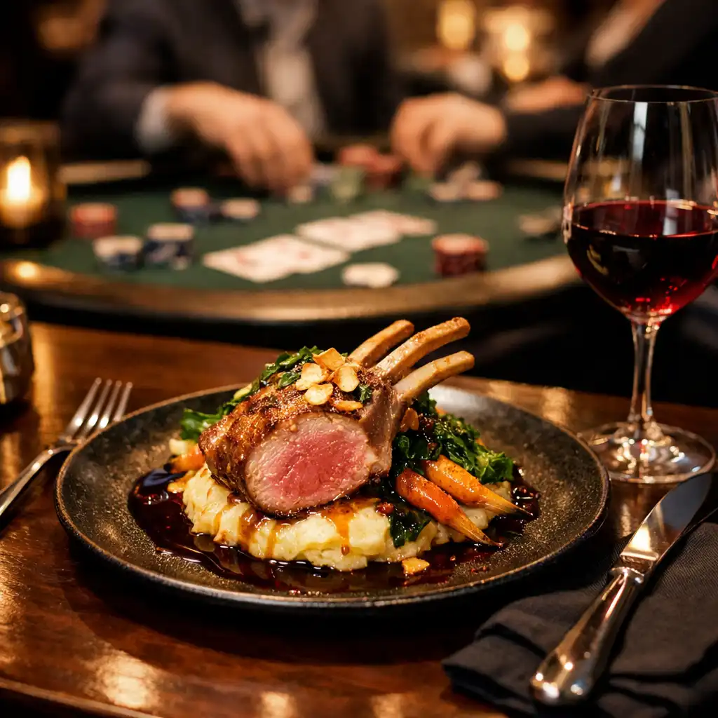 A contemporary Australian dish served at a dining table in the Casino Lounge, with a poker table softly blurred in the background.