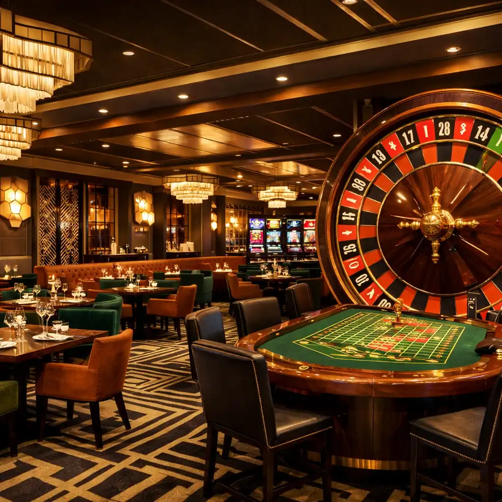 Wide-angle view of the Casino Lounge interior showing dining tables, game tables, and a large roulette wheel.