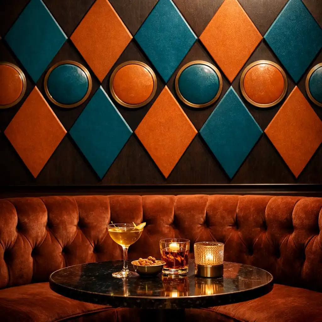 Close-up of a geometric wall installation in the Casino Lounge with a plush velvet booth below.