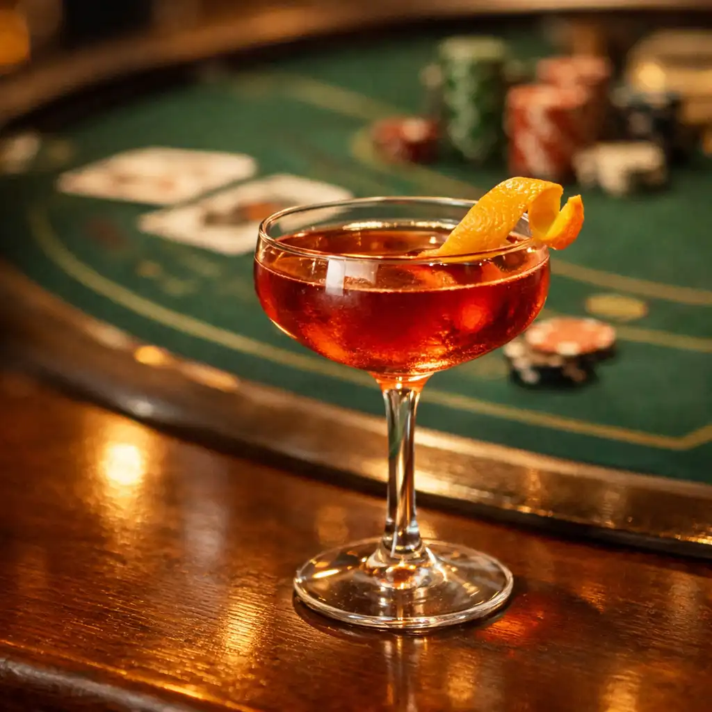 Crafted cocktail in a coupe glass with a blackjack table softly lit in the background