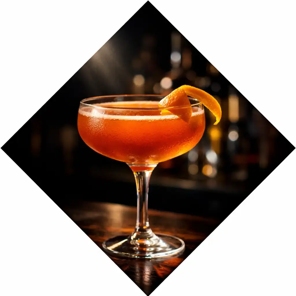 Signature cocktail in a coupe glass garnished with a citrus twist