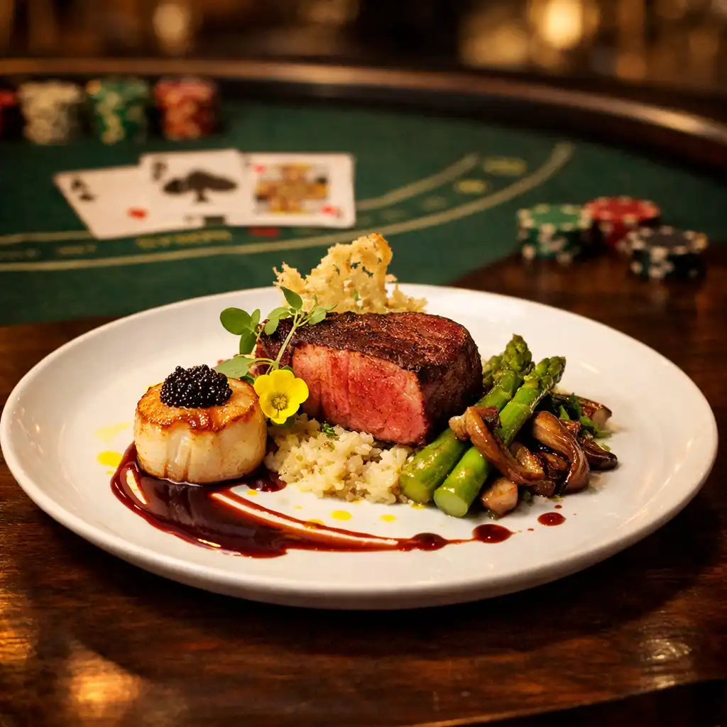 Beautifully plated signature dish with a blackjack table softly blurred in the background