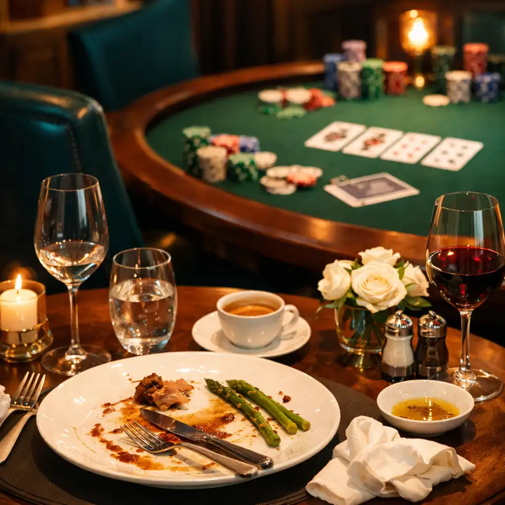 Elegant restaurant table beside a poker table with cards and chips
