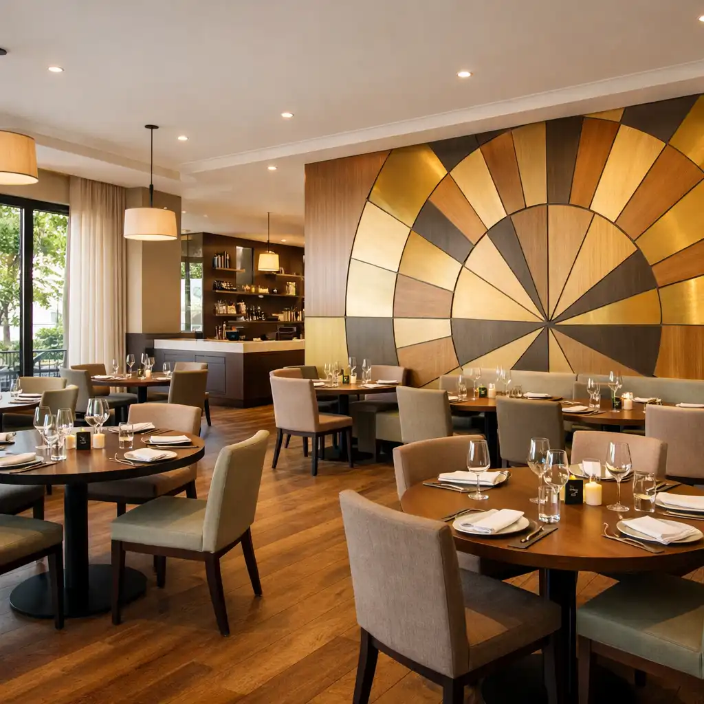 Elegant contemporary dining room with warm timber flooring, cream walls, and a geometric roulette-inspired feature wall