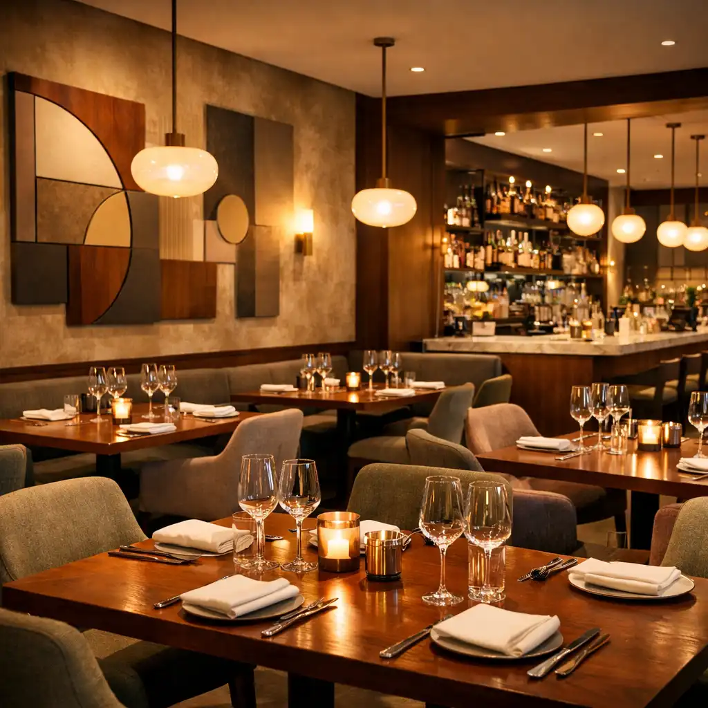 Sophisticated restaurant interior with warm wood tables, upholstered chairs, and ambient pendant lighting