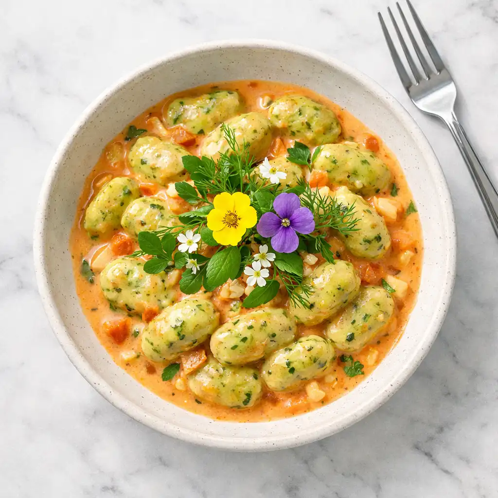 Bowl of native herb gnocchi in creamy bush tomato and macadamia sauce with fresh herbs