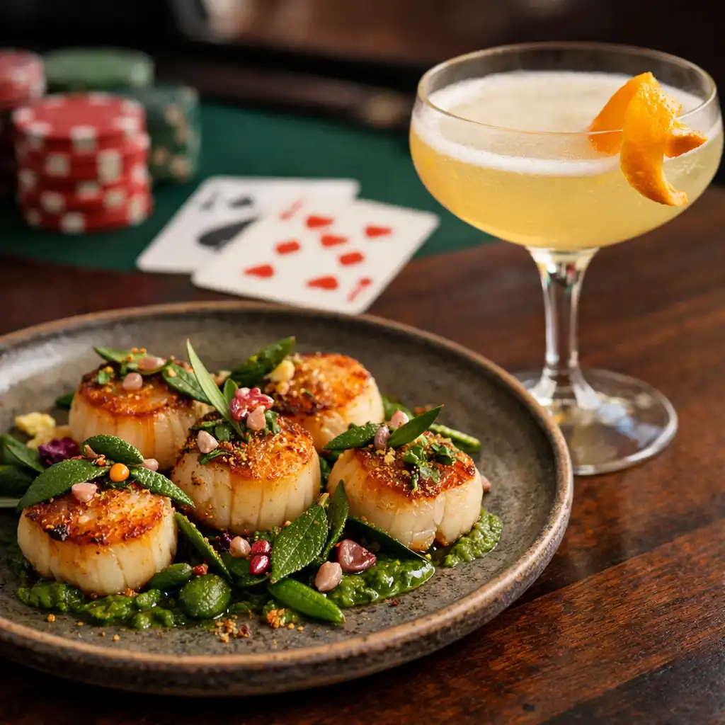 Beautifully plated contemporary Australian dish with a craft cocktail, with a blurred poker table in the background