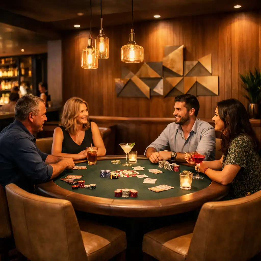 Dedicated poker area within the contemporary Australian restaurant, with guests seated at a round table and cocktails nearby
