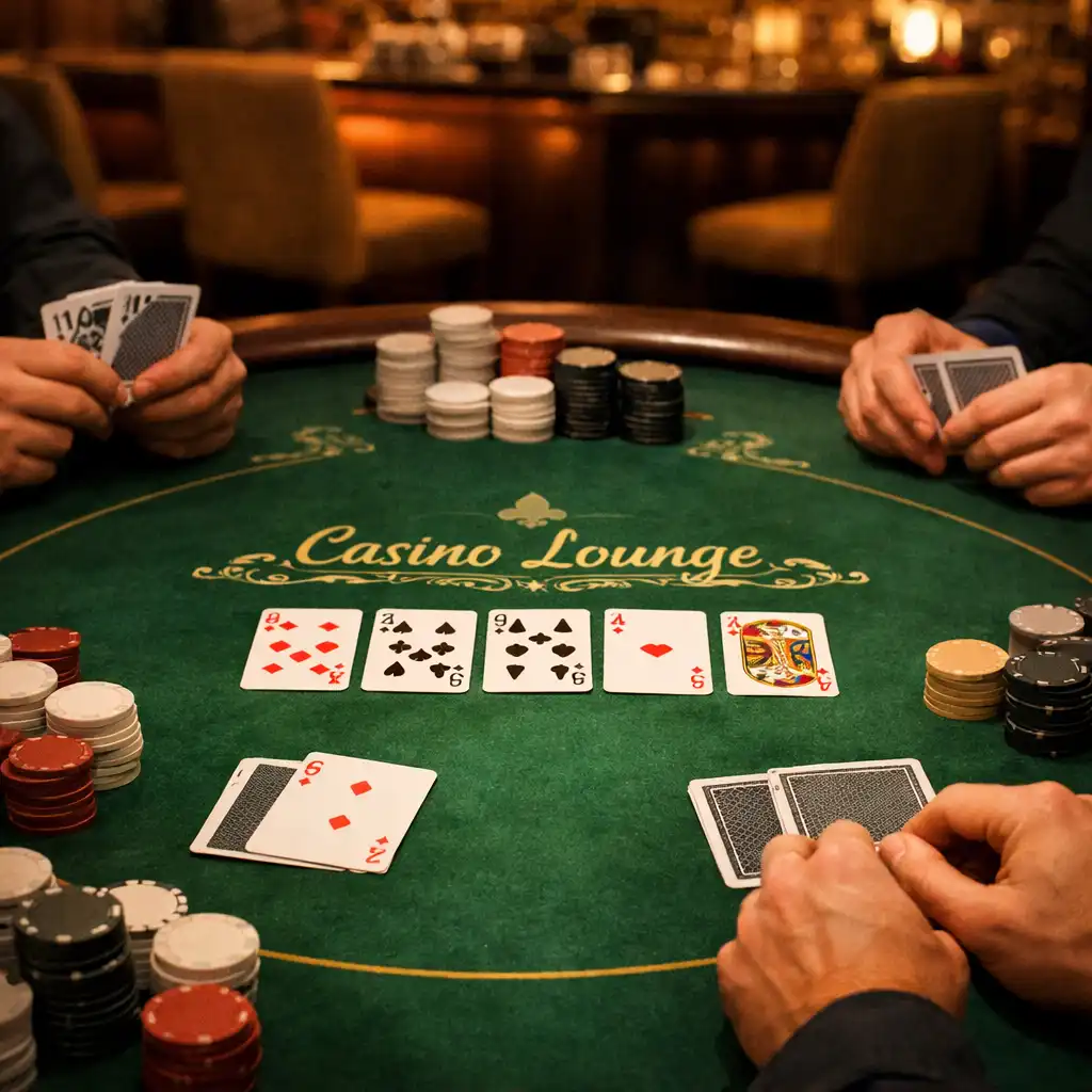 A poker table in the Casino Lounge with cards and plain chips, viewed from a slight overhead angle.