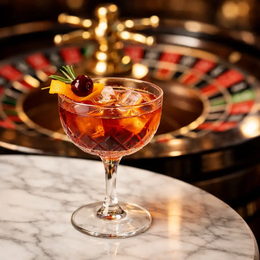 Craft cocktail on a marble table near a roulette wheel with the wheel softly blurred in the background
