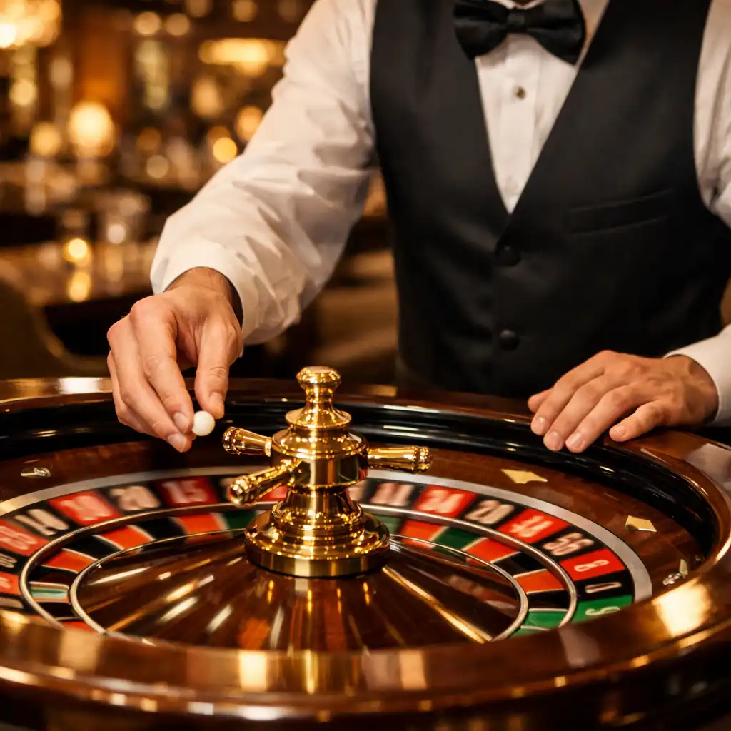 Professional croupier in elegant attire spinning a roulette wheel in a luxurious restaurant setting
