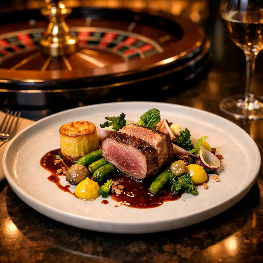 Beautifully plated contemporary Australian dish on a table with a roulette wheel subtly visible in the background