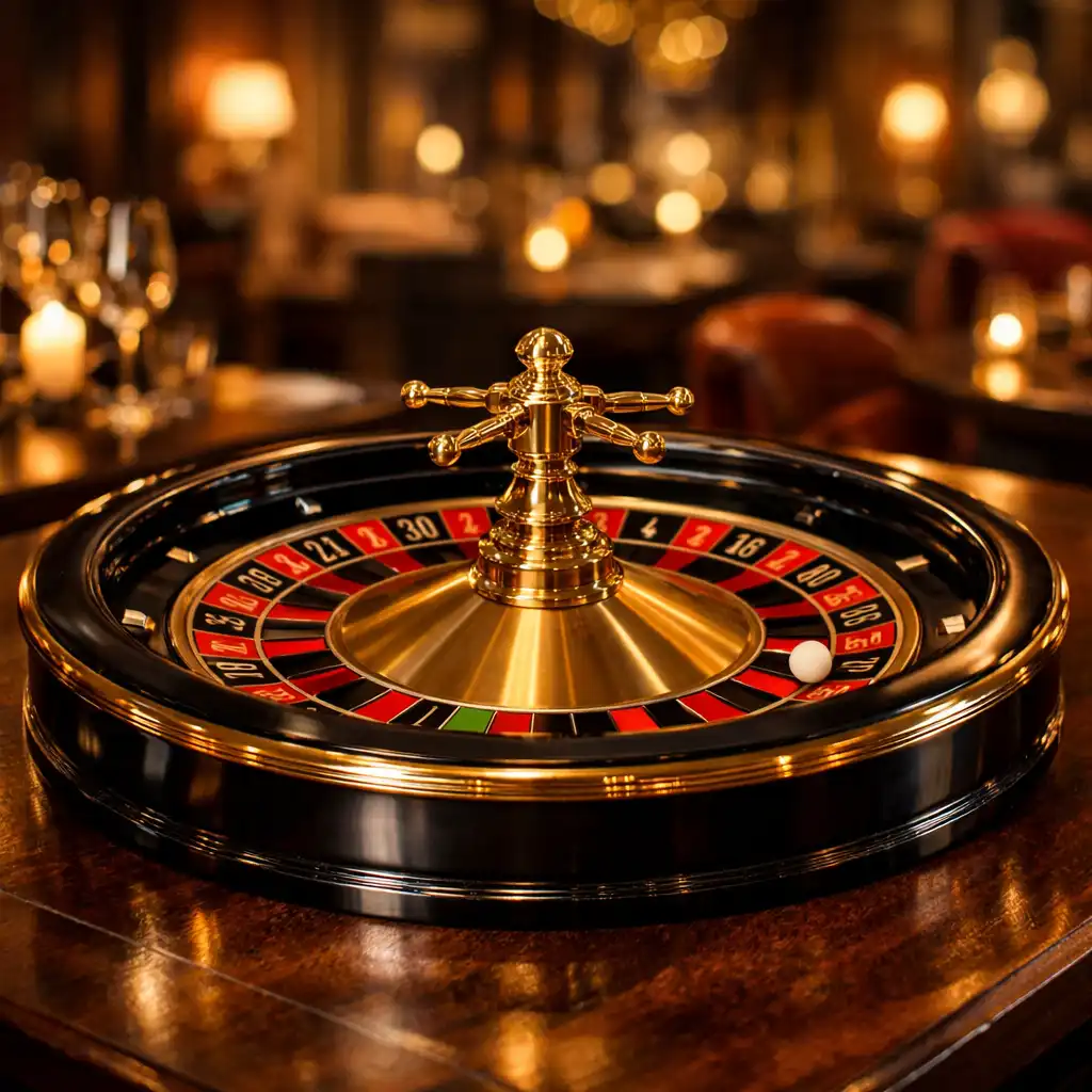A luxurious roulette wheel on a dark wooden dining table in an upscale restaurant