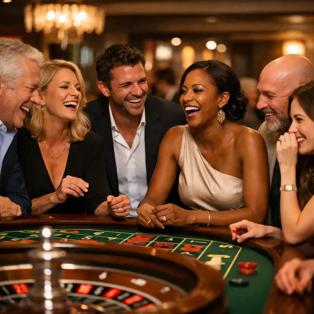 Well-dressed guests laughing and interacting around a roulette table in a sophisticated restaurant lounge