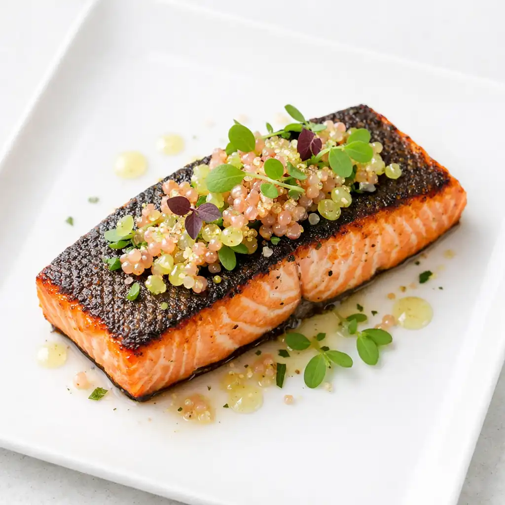Seared Tasmanian salmon with finger lime pearls and micro herbs on a white plate