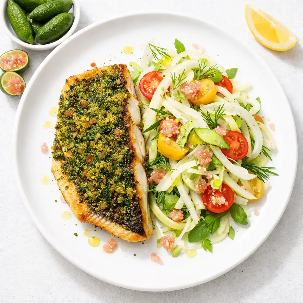 Native herb barramundi with finger lime and fennel salad