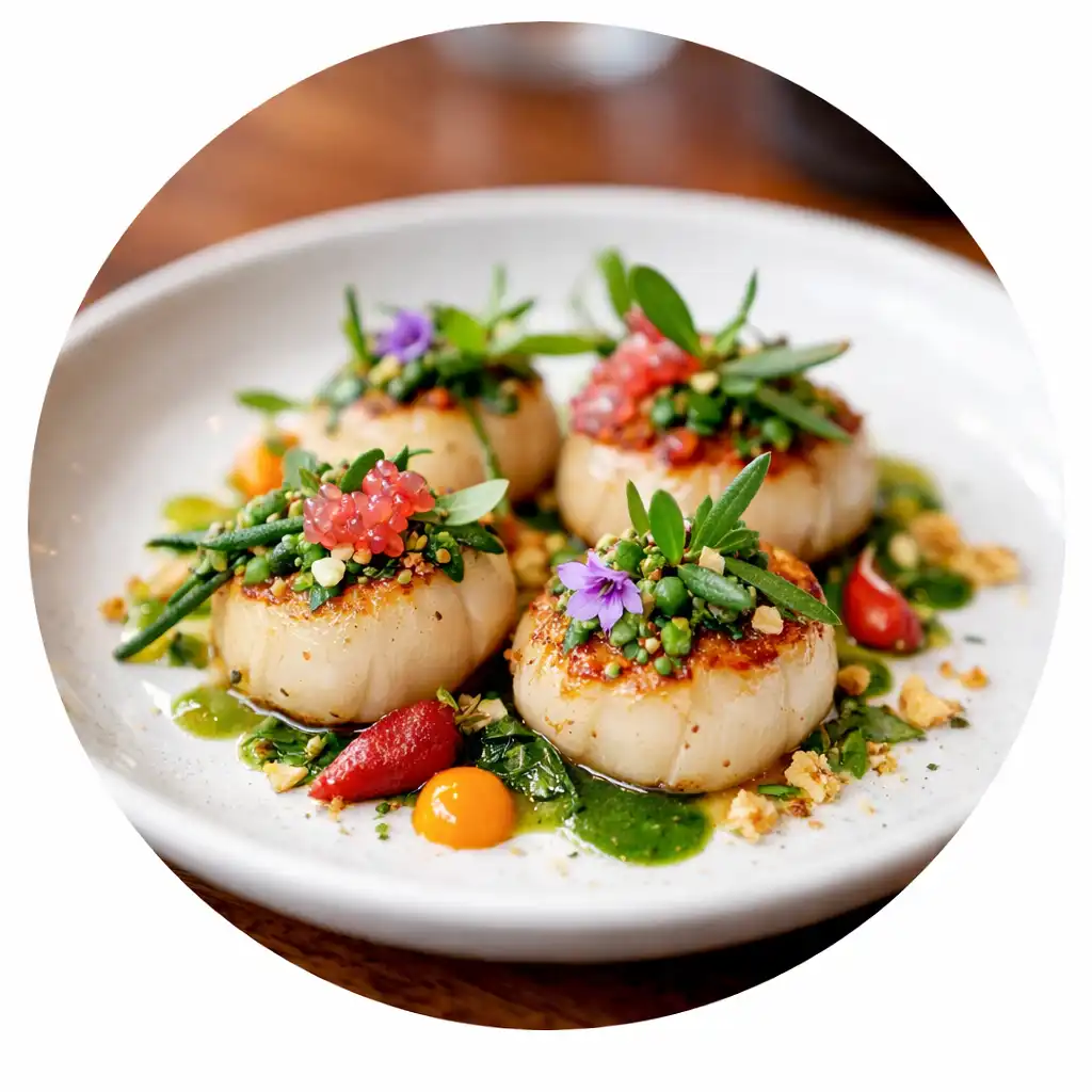Seared scallops with native herbs on a white ceramic plate