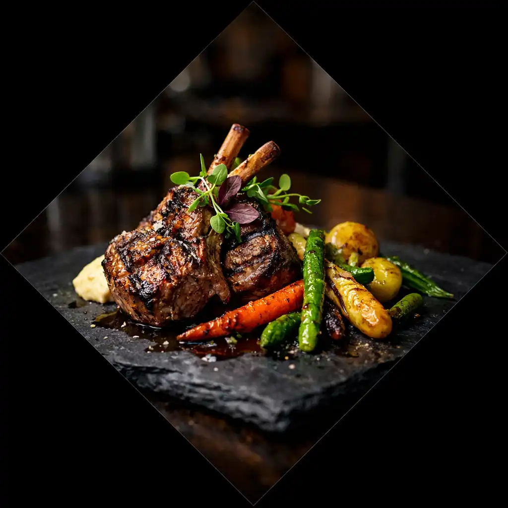 Grilled lamb with seasonal vegetables on a dark slate plate