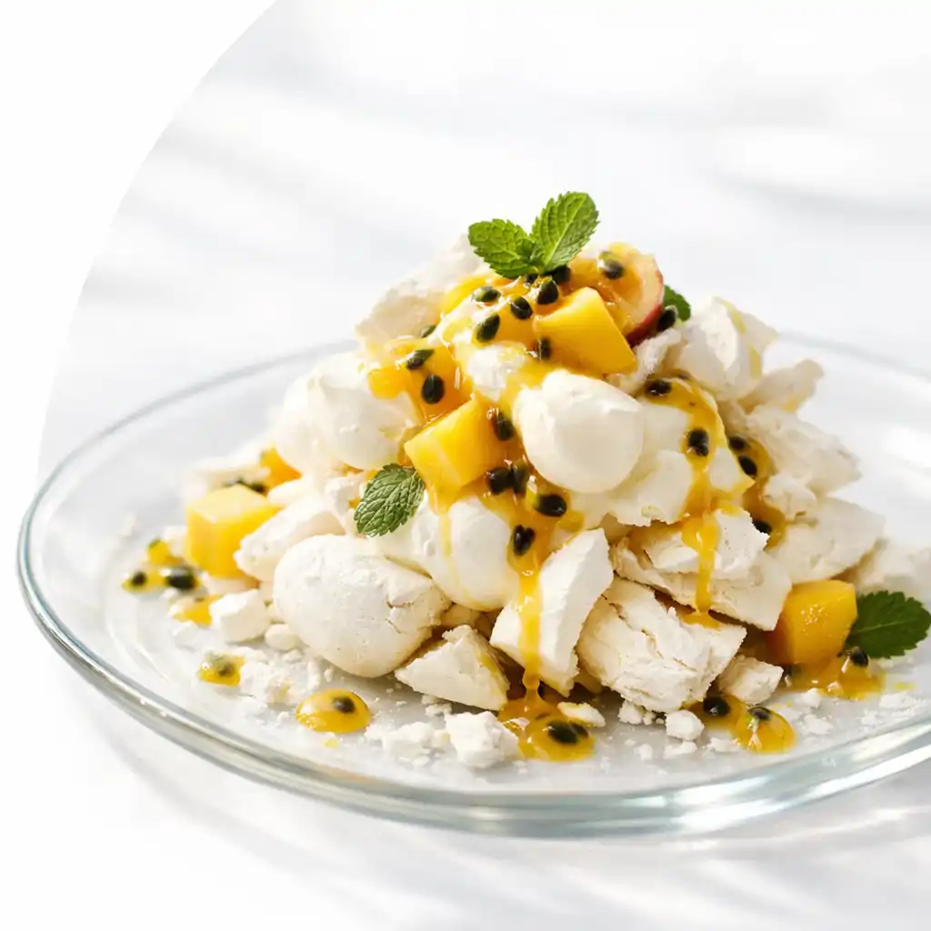 Deconstructed pavlova with passionfruit and cream on a glass plate
