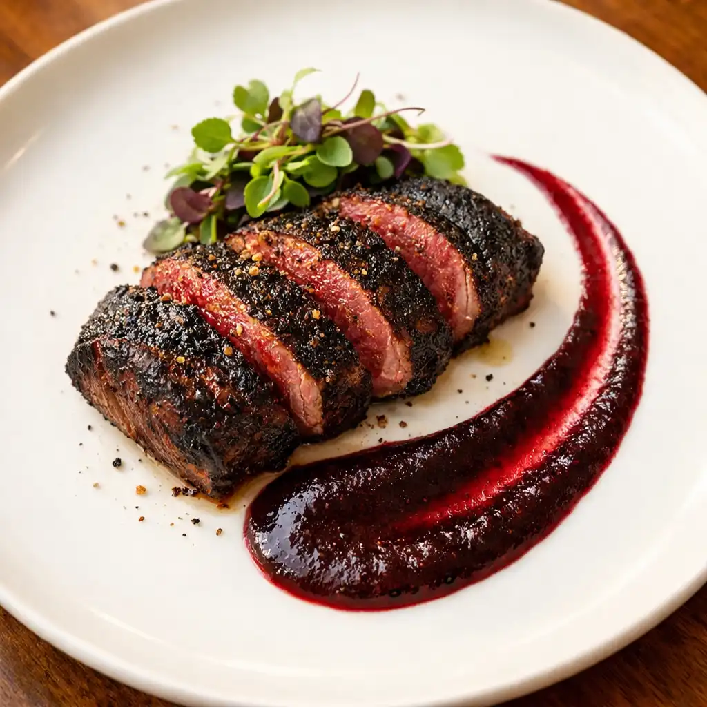 Charred kangaroo loin with beetroot, pepperberry jus, and macadamia crumble