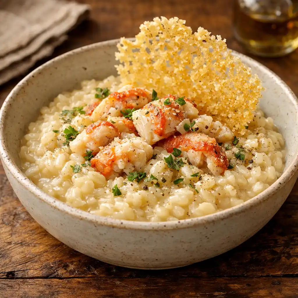 Moreton Bay bug risotto with lemon myrtle and parmesan tuile
