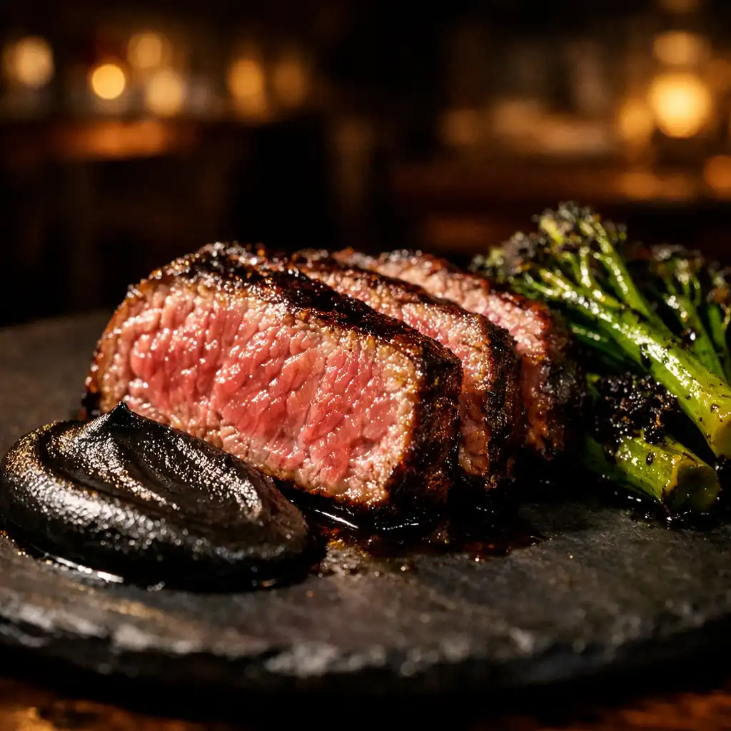Black garlic Wagyu with charred broccolini and red wine jus