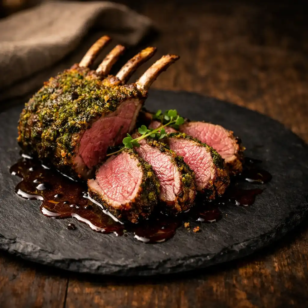 Herb-crusted Victorian lamb rack sliced to reveal a pink interior with native pepper jus